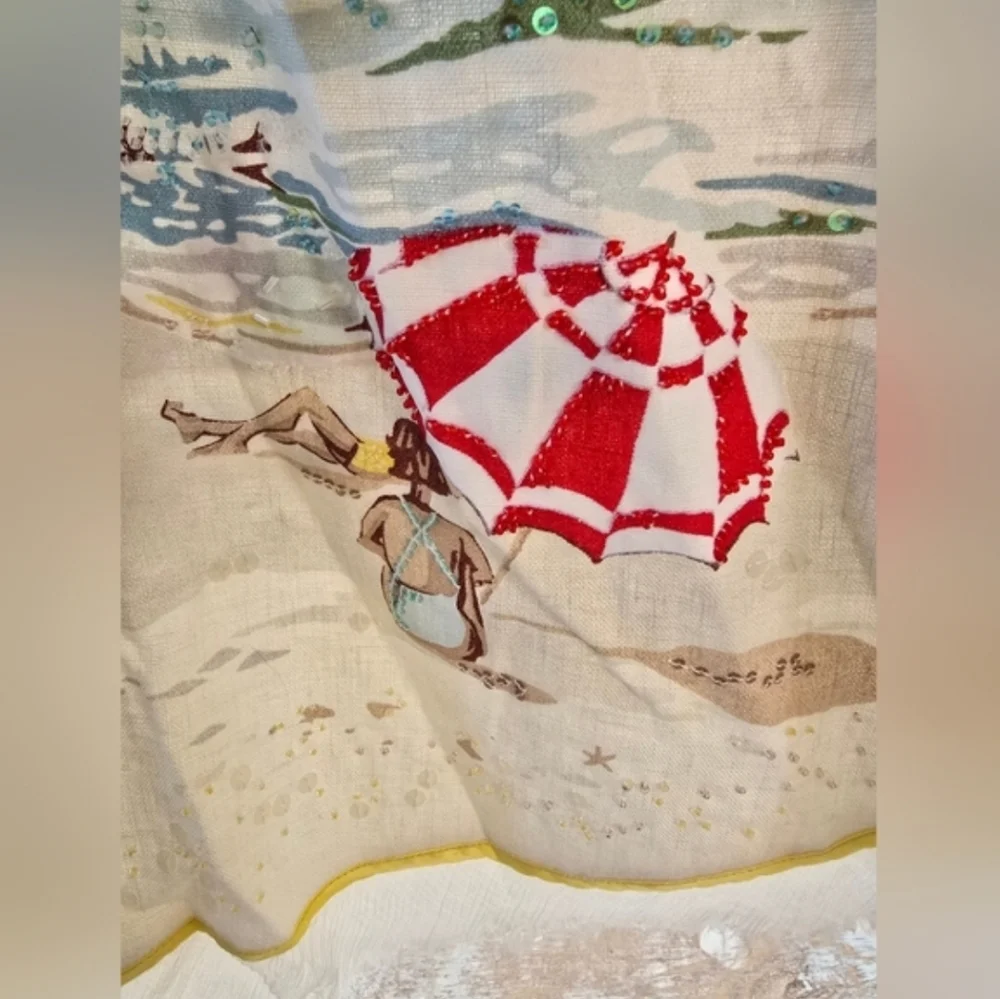 J. CREW Vintage Beach Scene Postcard Print Collectible Ecru Linen Skirt S RARE - Picture 8 of 12